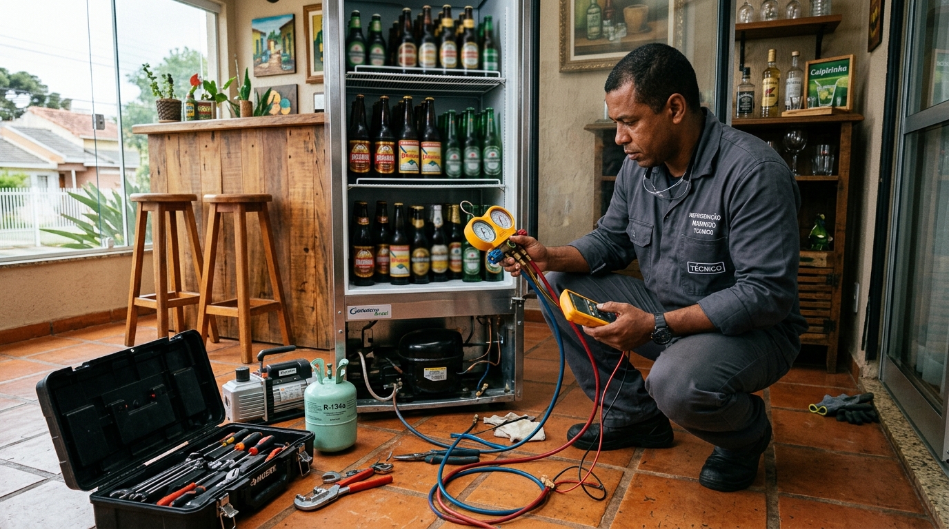 Profissional executando reparo no motor de cervejeira em Limeira‑SP
