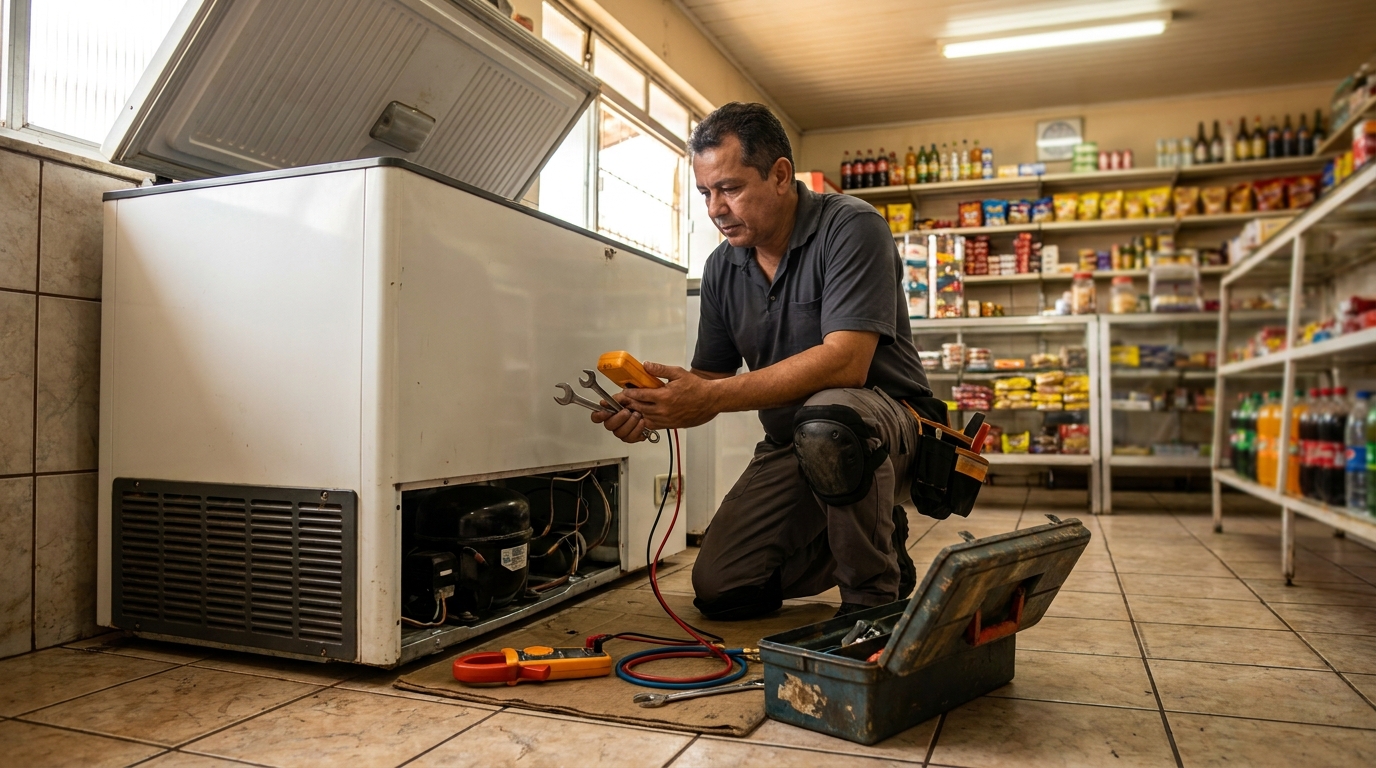 Profissional executando manutenção no motor de freezer em Limeira‑SP